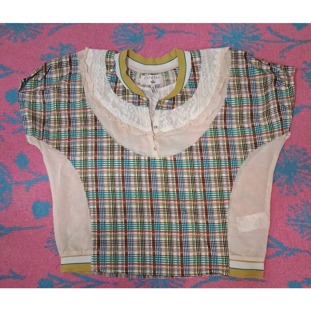 Cotelac womens small shabby chic top patchwork boxy brown green viscose cotton